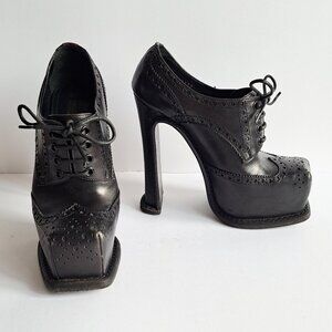 Louis Vuitton Square Toe Hidden Platform Black Brogue Leather Booties Size 36